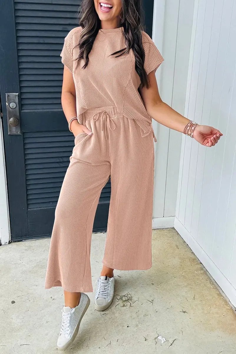 Smoke Gray Solid Corded Knit Short Sleeve T Shirt and Wide Leg Pants Set - Love Salve